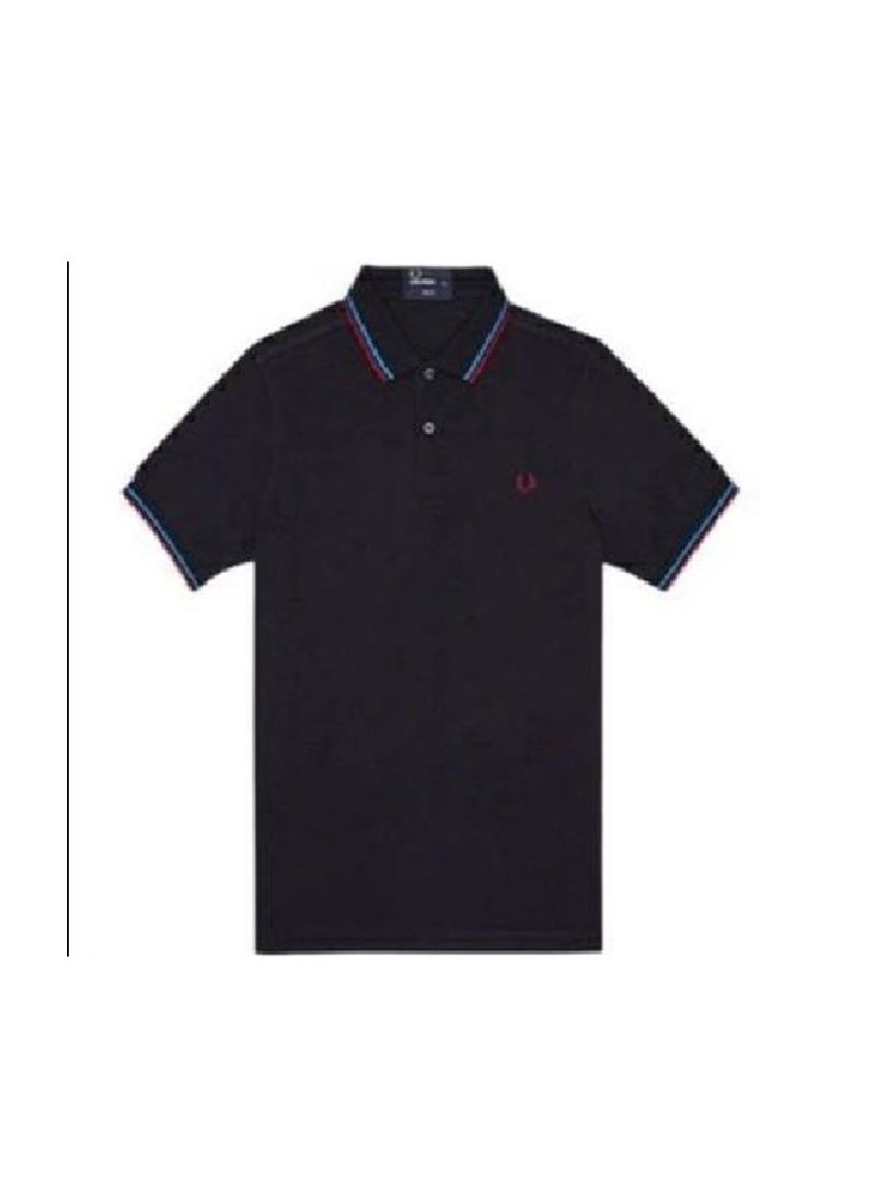 Cotton summer casual short-sleeved men's polo shirt/ Navy blue red and blue border