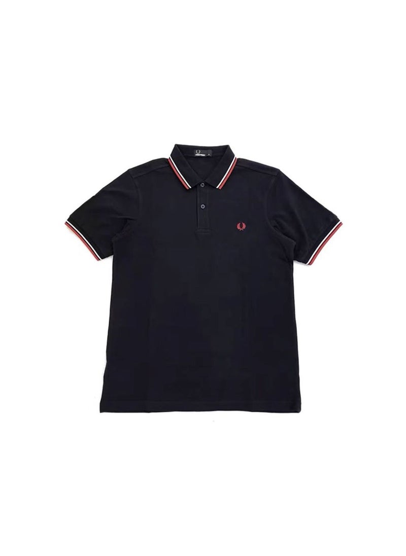 Cotton summer casual short-sleeved men's polo shirt/ Black red and white border