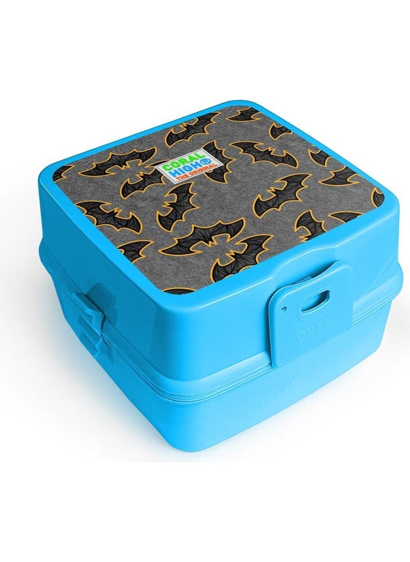 Kids Blue Gray Bat Patterned Four Compartment Lunch Bowl with Fork and Spoon 32990