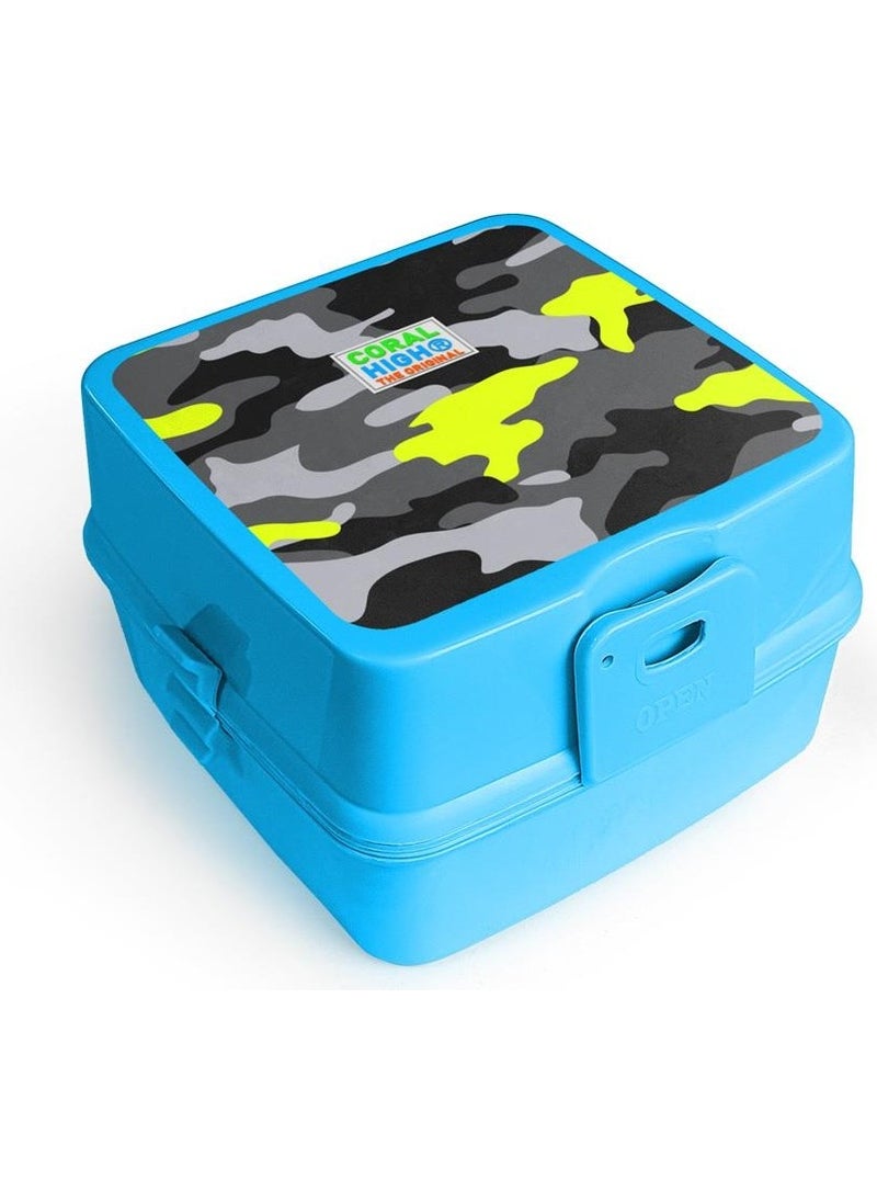 Kids Blue Gray Camouflage Patterned Four Compartment Lunch Box with Fork and Spoon 32986