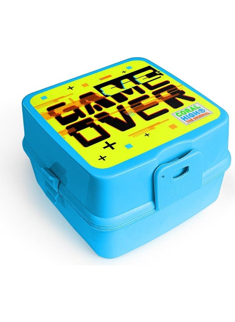 Kids Blue Neon Yellow Game Over Patterned Four-Compartment Lunch Box with Fork and Spoon 32996