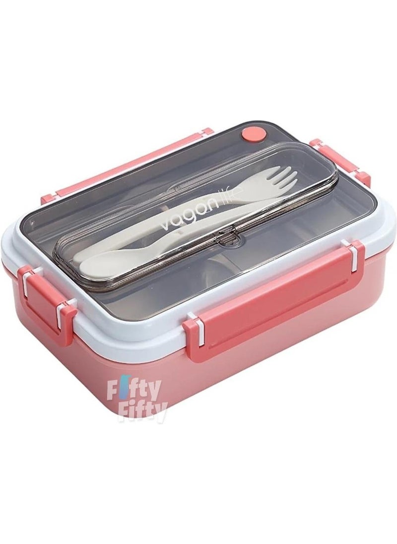 Bento Lunch Box New Generation Lunch Box for Office-School Single Layer 3 Compartments with Fork and Spoon -Stainless Steel FF528