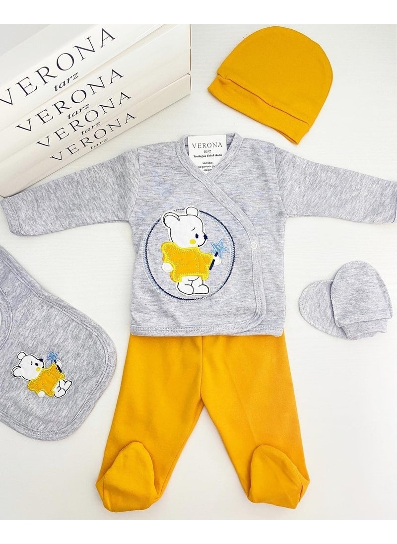 Organic New Season Boxed Starry Bear Baby Boy 5-Piece Hospital Discharge Set Newborn Outfit 5 Pieces