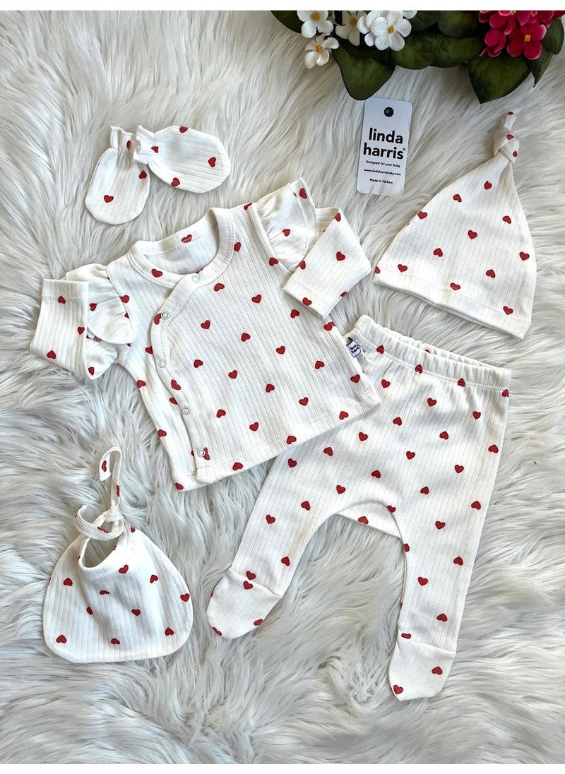Ecru Heart Pattern 5-Piece Newborn Baby Girl Hospital Discharge Set Printed Cotton 5 Pieces