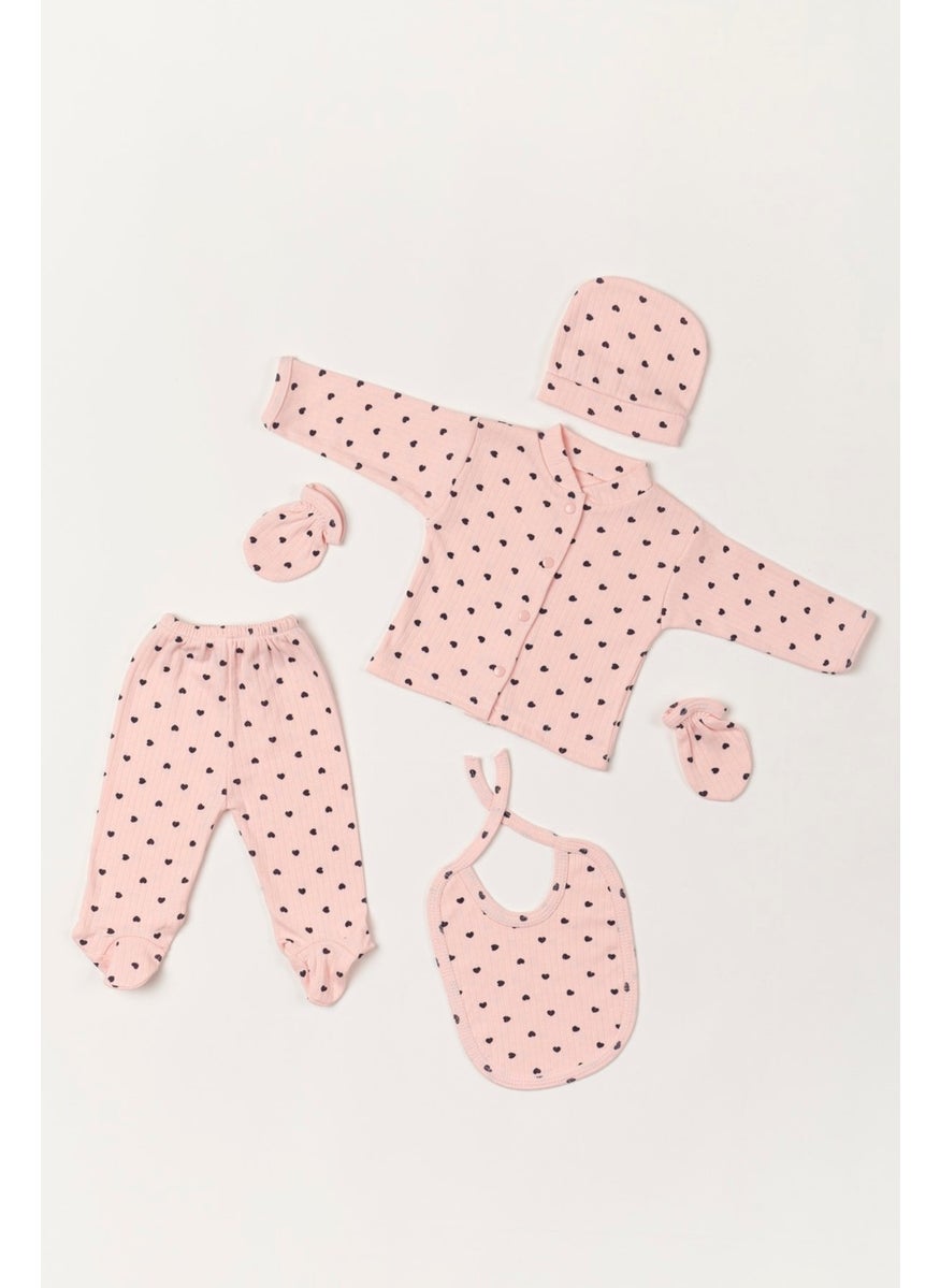 Combed Cotton 5 Piece Hospital Release Bodysuit Set Newborn Corduroy Pink Fabric Lacquer Heart Organic