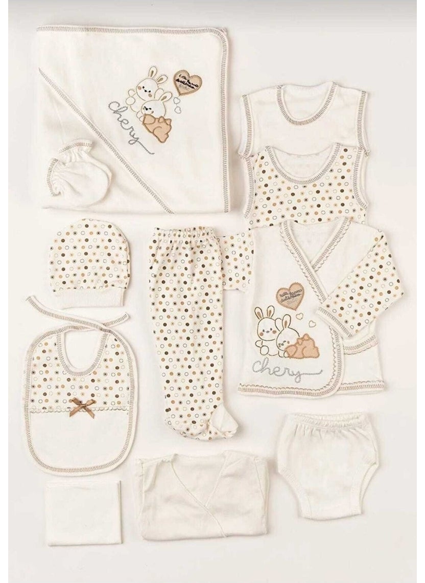 Hooded 11 Piece Rabbit Embroidered Brown Hospital Release Newborn Bodysuit Set Brown Sportsw