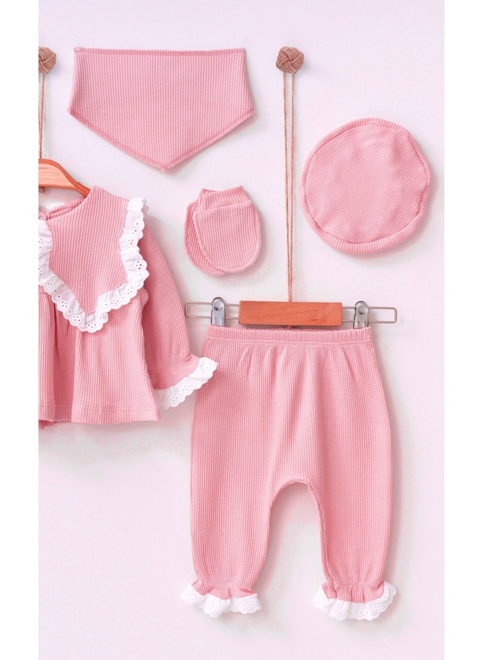 Cotton Baby Girl Scalloped Hospital Released Dusty Rose 5-Piece Newborn Set 0-3AY 5 Pieces Plain Pink Gray