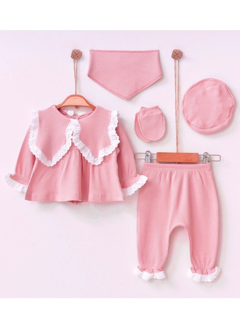 Cotton Baby Girl Scalloped Hospital Released Dusty Rose 5-Piece Newborn Set 0-3AY 5 Pieces Plain Pink Gray