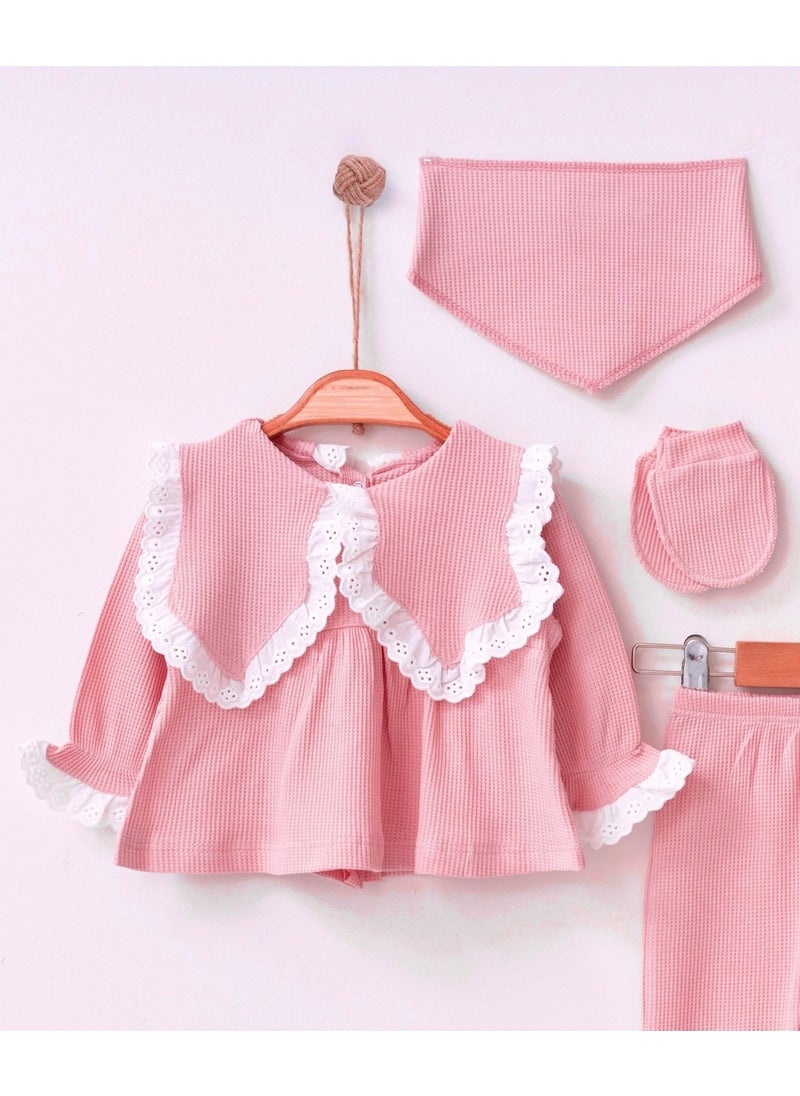 Cotton Baby Girl Scalloped Hospital Released Dusty Rose 5-Piece Newborn Set 0-3AY 5 Pieces Plain Pink Gray