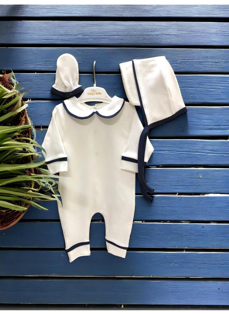 Ecru Bonet Hat 3-Piece Cotton Hospital Discharge Overalls Set Eco-Friendly Plain Combed Cotton 3-Piece