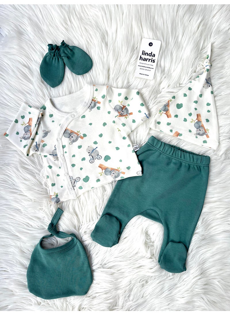 Cotton Koala On A Bicycle Pattern Emerald Green 5-Piece Newborn Unisex Baby Hospital Release Set Day