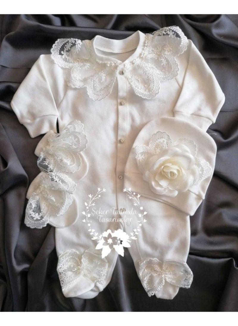 Cotton Baby Girl White Rose Detailed Jumpsuit Set Organic 3-Piece 3-Piece White Plain