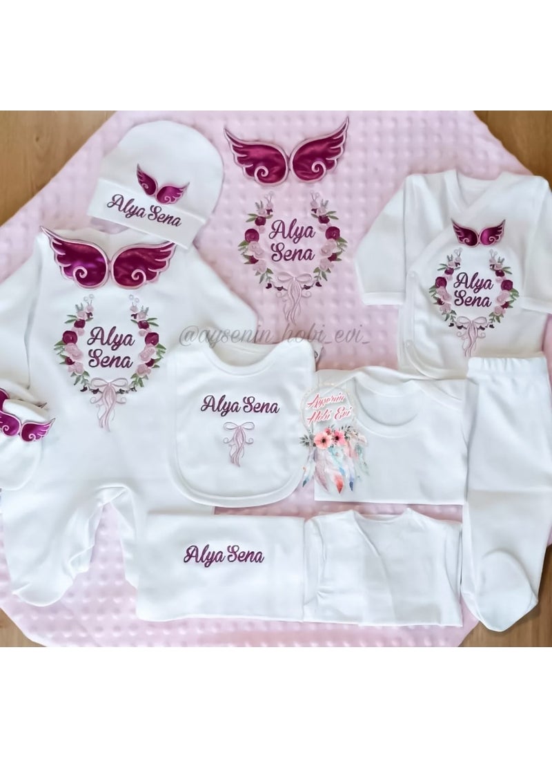 10-Piece Pink 10-Piece Set - Hospital Discharge Set with Name-Specific Embroidery Pattern (With Named Embroidery Pattern) Cotton D