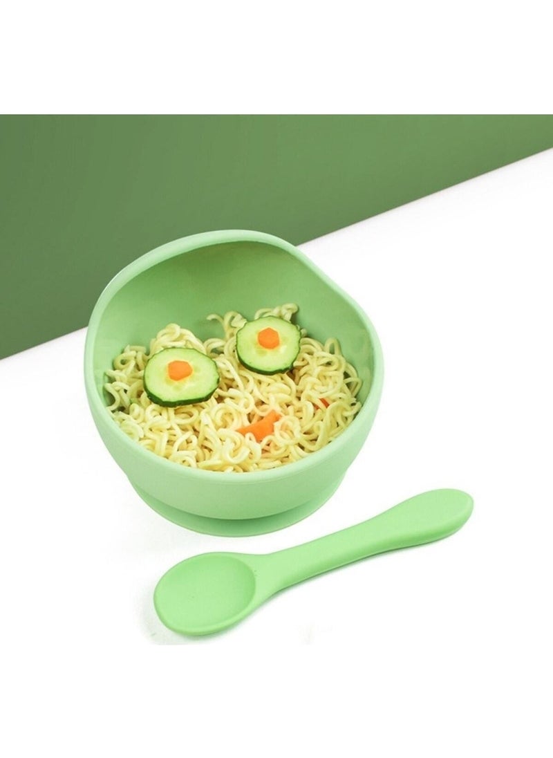 bebek Vacuum Silicone Feeding Bowl, Bottom Vacuum Feeding Bowl, Silicone Spoon and Fork / Green