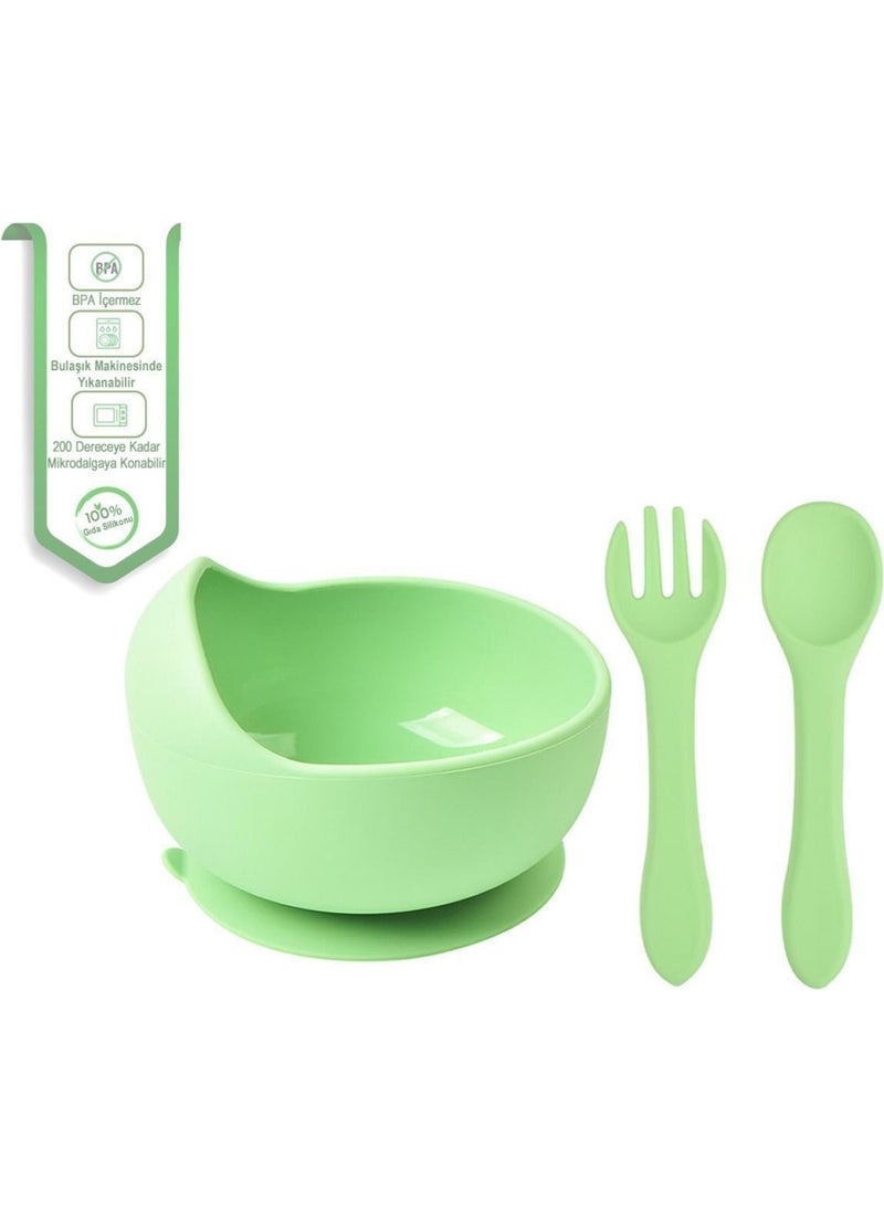bebek Vacuum Silicone Feeding Bowl, Bottom Vacuum Feeding Bowl, Silicone Spoon and Fork / Green