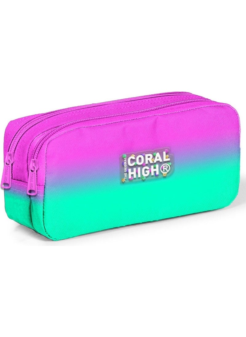 Pink Water Green Color Transitional Patterned Girl Thermal Insulated Lunch Bag and Pencil Case Set