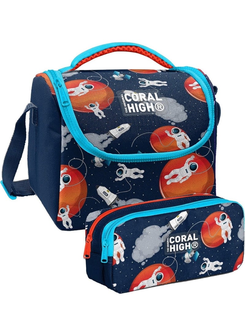 Navy Blue Astronaut Patterned Boy Thermal Insulated Lunch Bag and Pencil Case Set