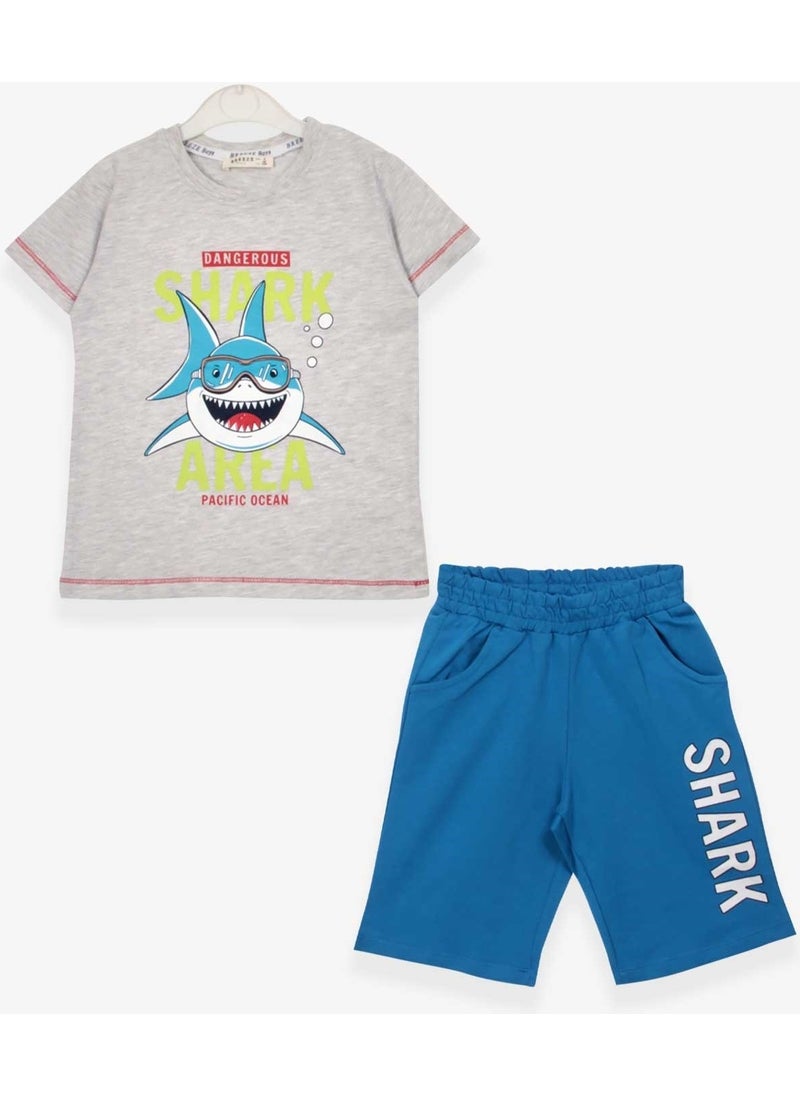 Boys Shorts Set Shark Printed Light Gray Melange (1.5-5 Years)