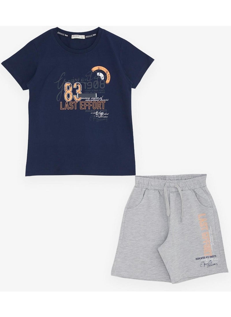Girls & Boys Boy's Shorts Suit with Text Printed Pockets and Lacing Accessories Age 8-14, Navy Blue