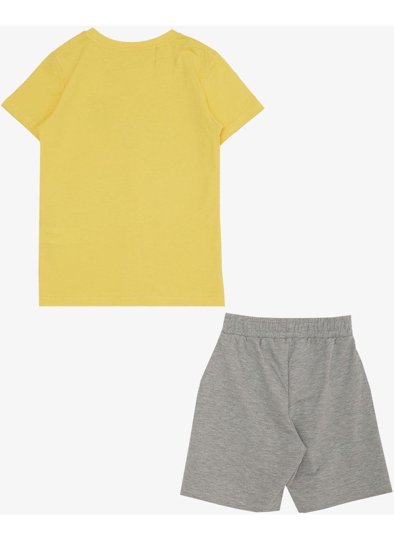Boy Shorts Set with Text Printed Pockets, Age 8-14, Yellow