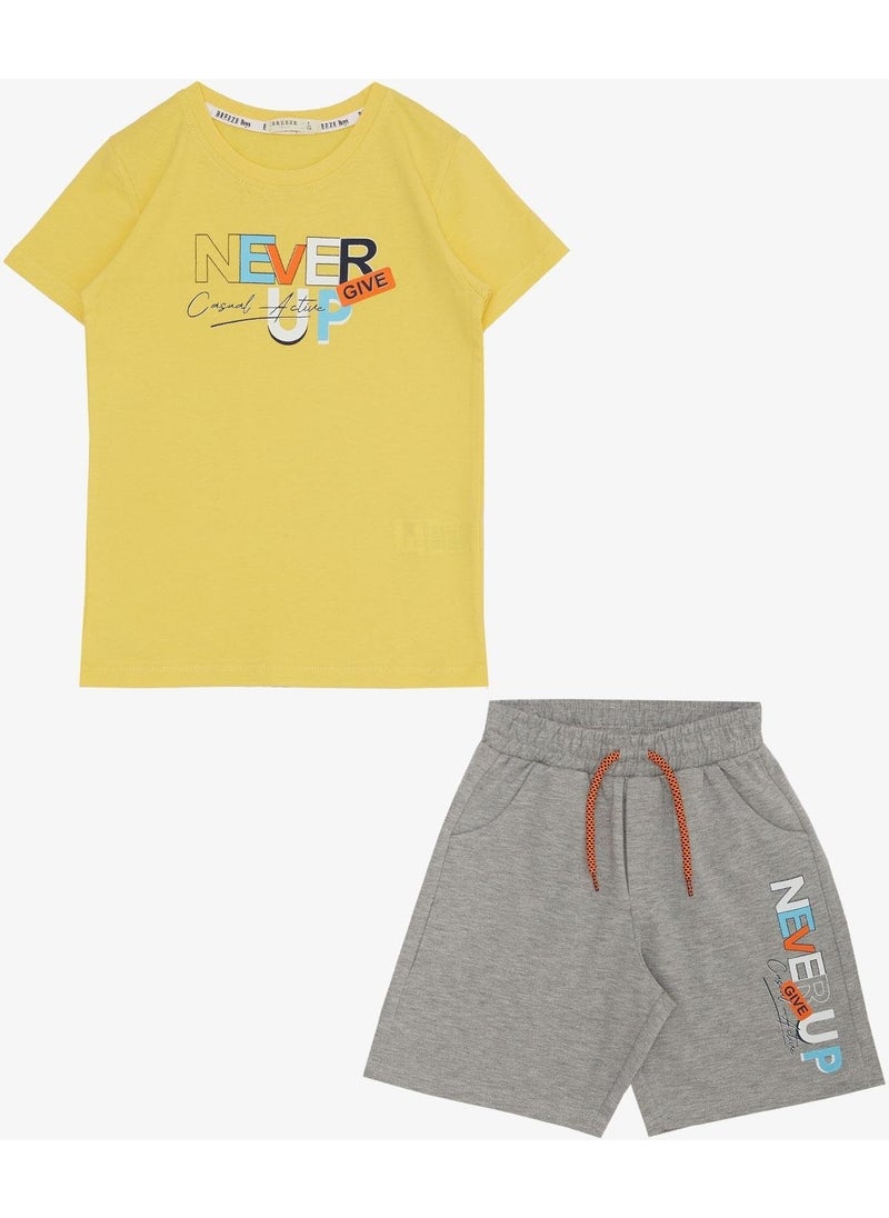 Boy Shorts Set with Text Printed Pockets, Age 8-14, Yellow