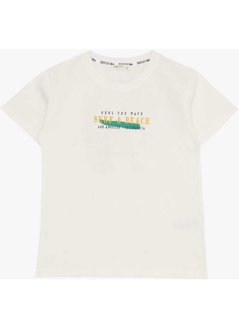 Boy's Shorts Set with Holiday Themed Text Printed, Ages 4-9, Ecru