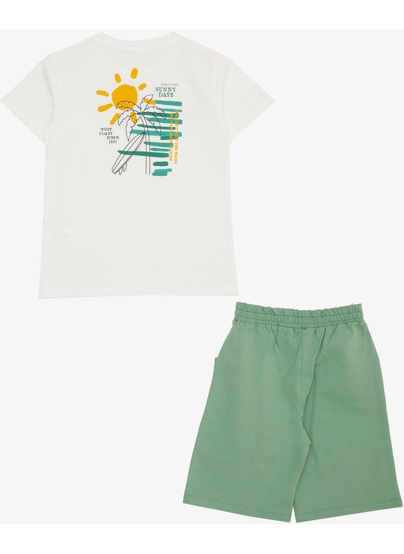 Boy's Shorts Set with Holiday Themed Text Printed, Ages 4-9, Ecru