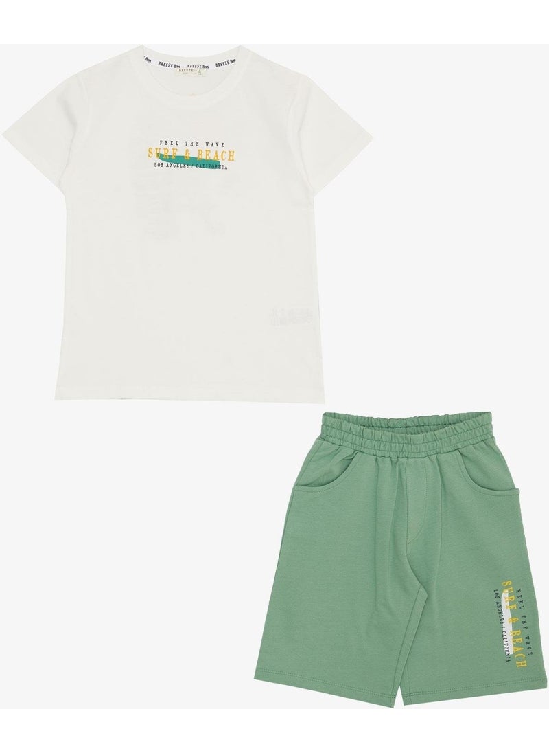 Boy's Shorts Set with Holiday Themed Text Printed, Ages 4-9, Ecru