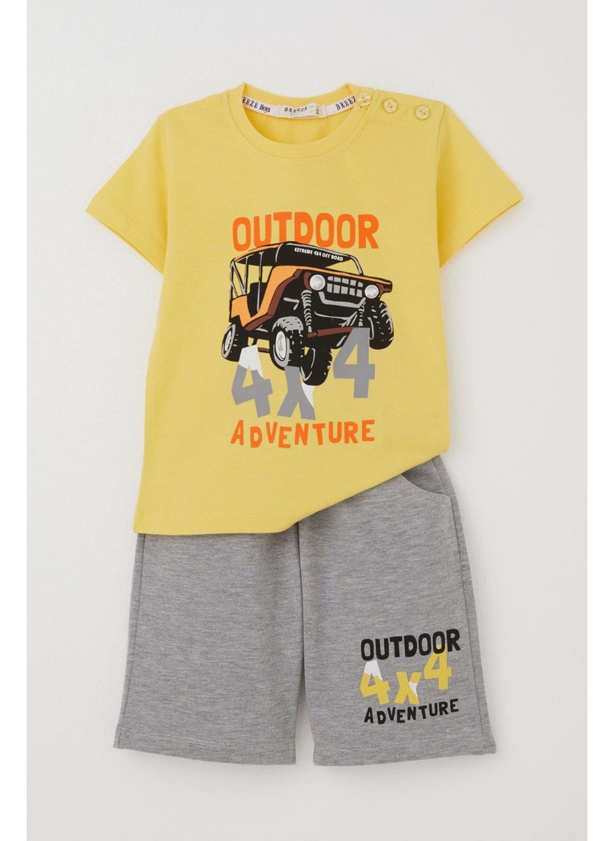 Boy's Shorts Set Adventure Themed Car Printed 1.5-5 Years, Yellow