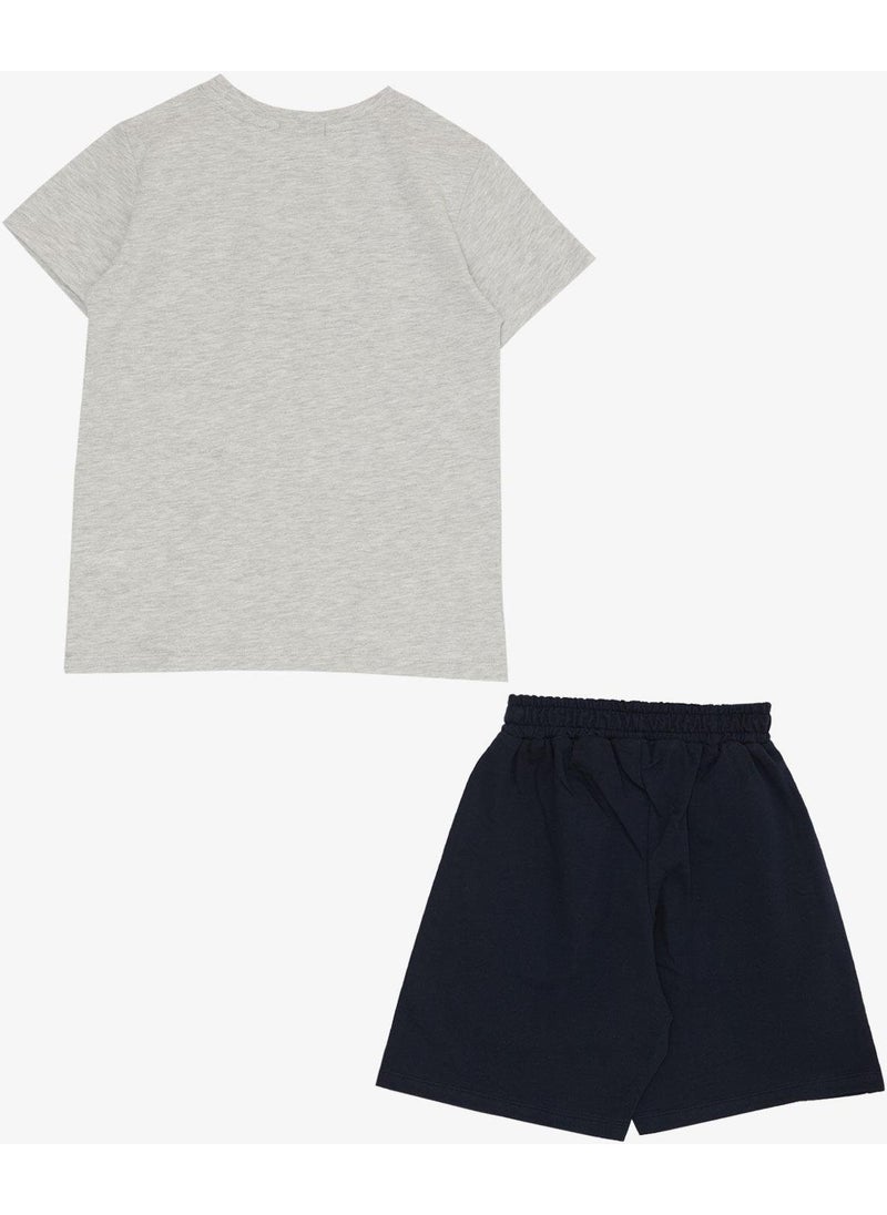 Boy's Shorts Suit with Text Printed Pockets, Age 8-14, Beige Melange