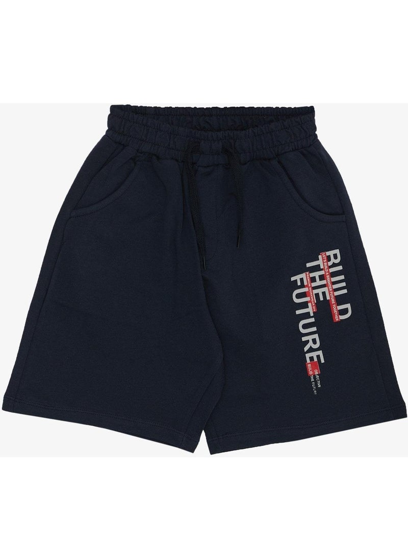 Boy's Shorts Suit with Text Printed Pockets, Age 8-14, Beige Melange
