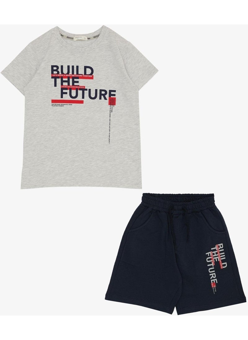 Boy's Shorts Suit with Text Printed Pockets, Age 8-14, Light Gray Melange