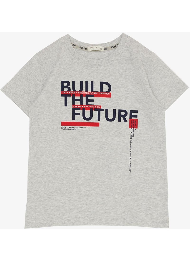 Boy's Shorts Suit with Text Printed Pockets, Age 8-14, Light Gray Melange