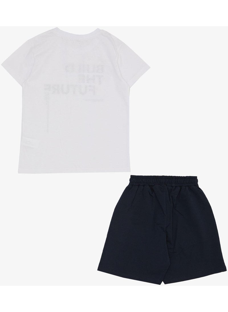 Boy Shorts Set with Text Printed Pockets, Age 8-14, White