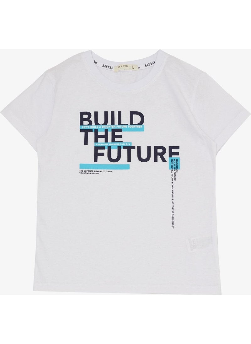 Boy Shorts Set with Text Printed Pockets, Age 8-14, White