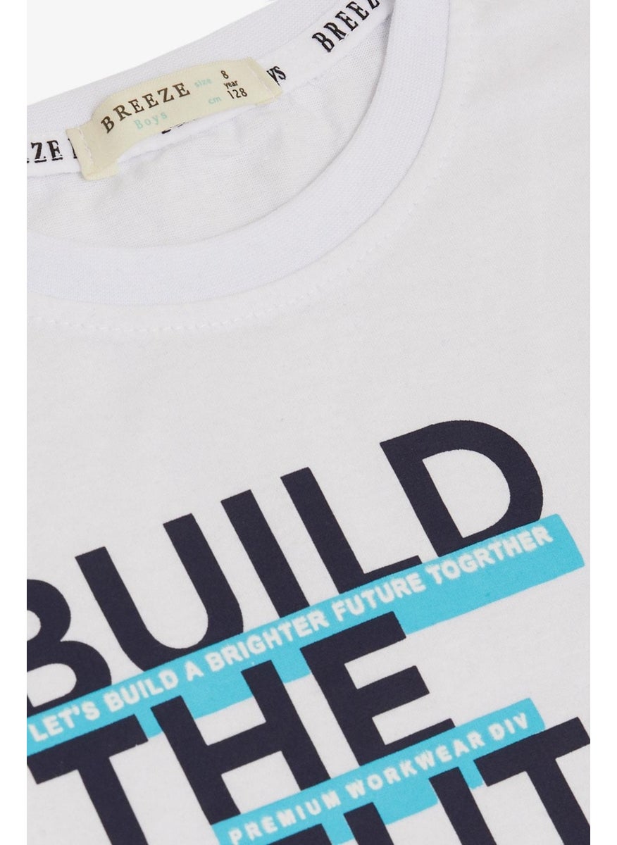 Boy Shorts Set with Text Printed Pockets, Age 8-14, White