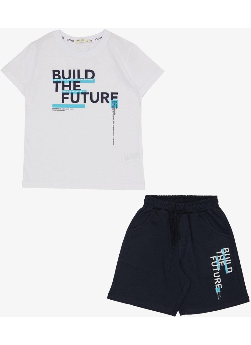 Boy Shorts Set with Text Printed Pockets, Age 8-14, White