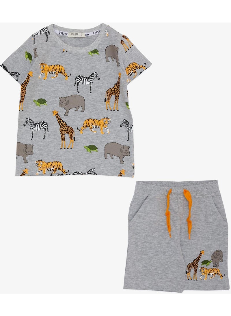 Boy's Suit Shorts with Strong Animals Pattern 1.5-5 Years, Gray Melange