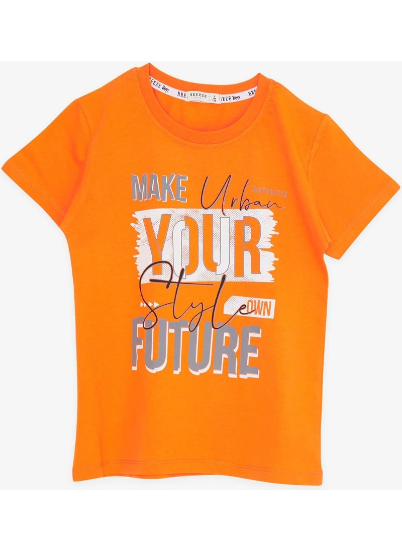 Boy Shorts Set with Text Printed Pockets, Age 8-14, Orange