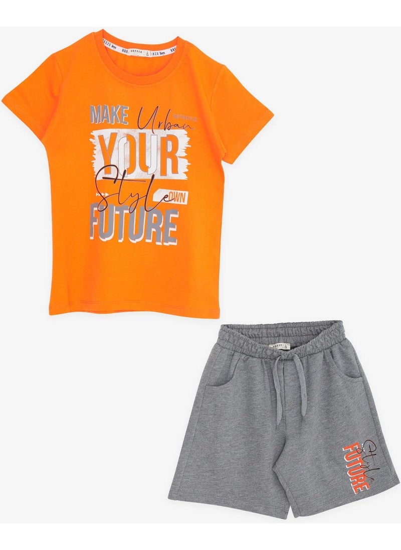 Boy Shorts Set with Text Printed Pockets, Age 8-14, Orange