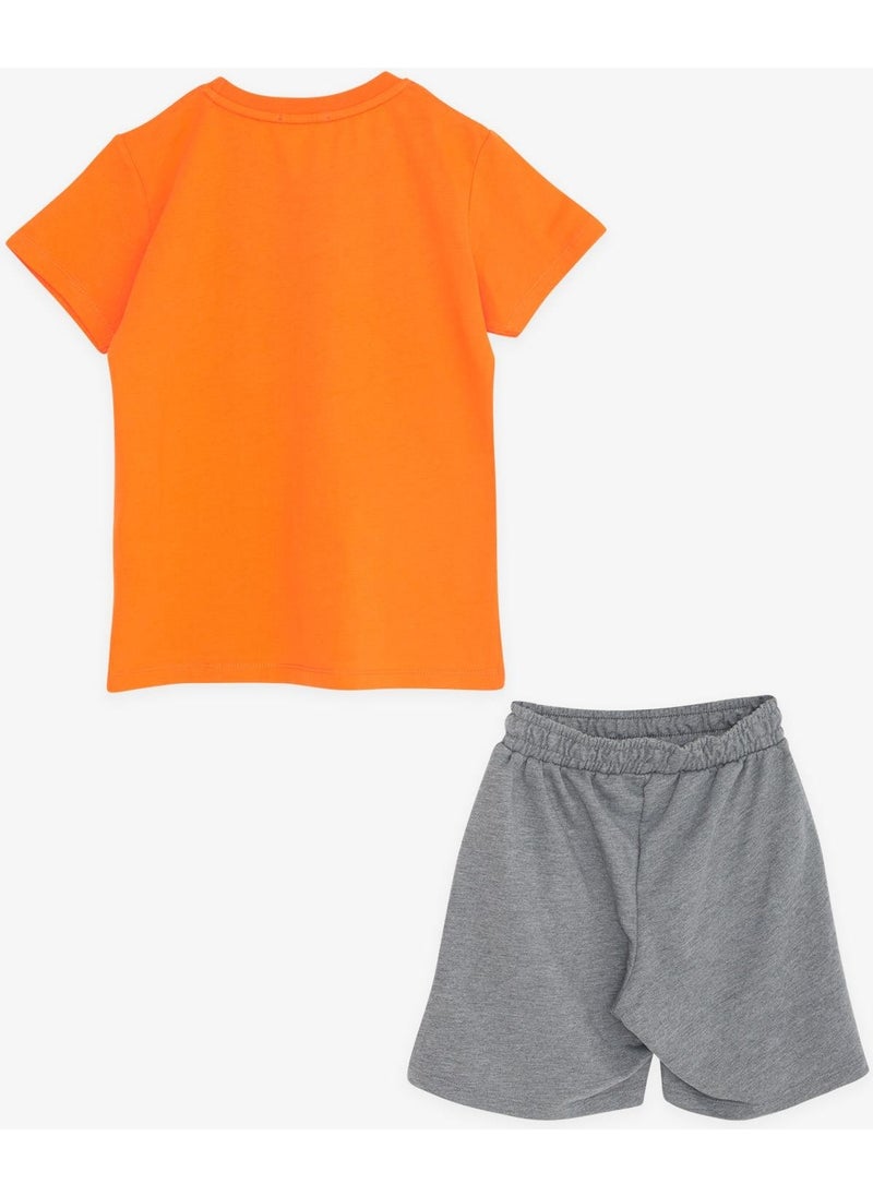 Boy Shorts Set with Text Printed Pockets, Age 8-14, Orange