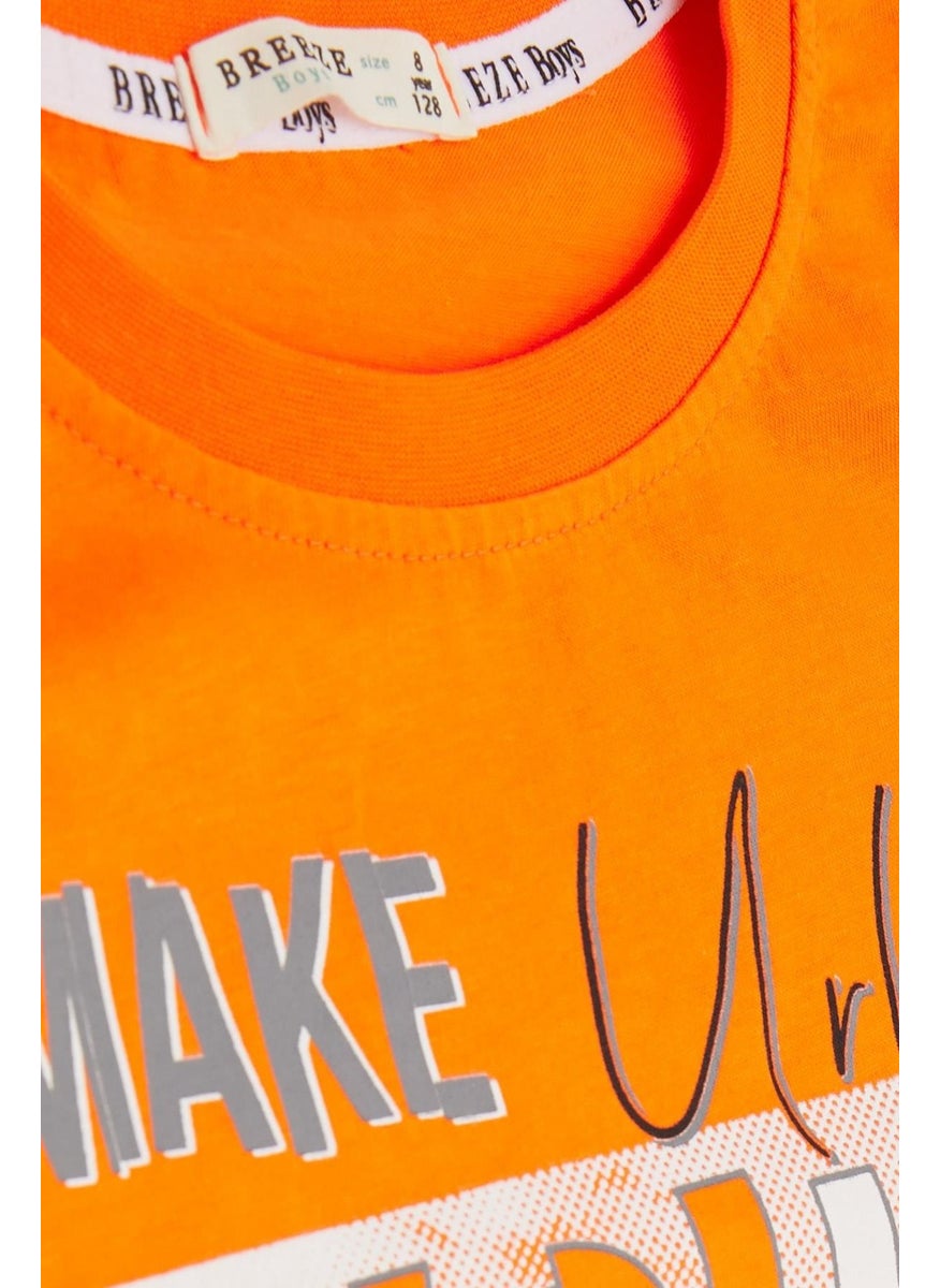 Boy Shorts Set with Text Printed Pockets, Age 8-14, Orange