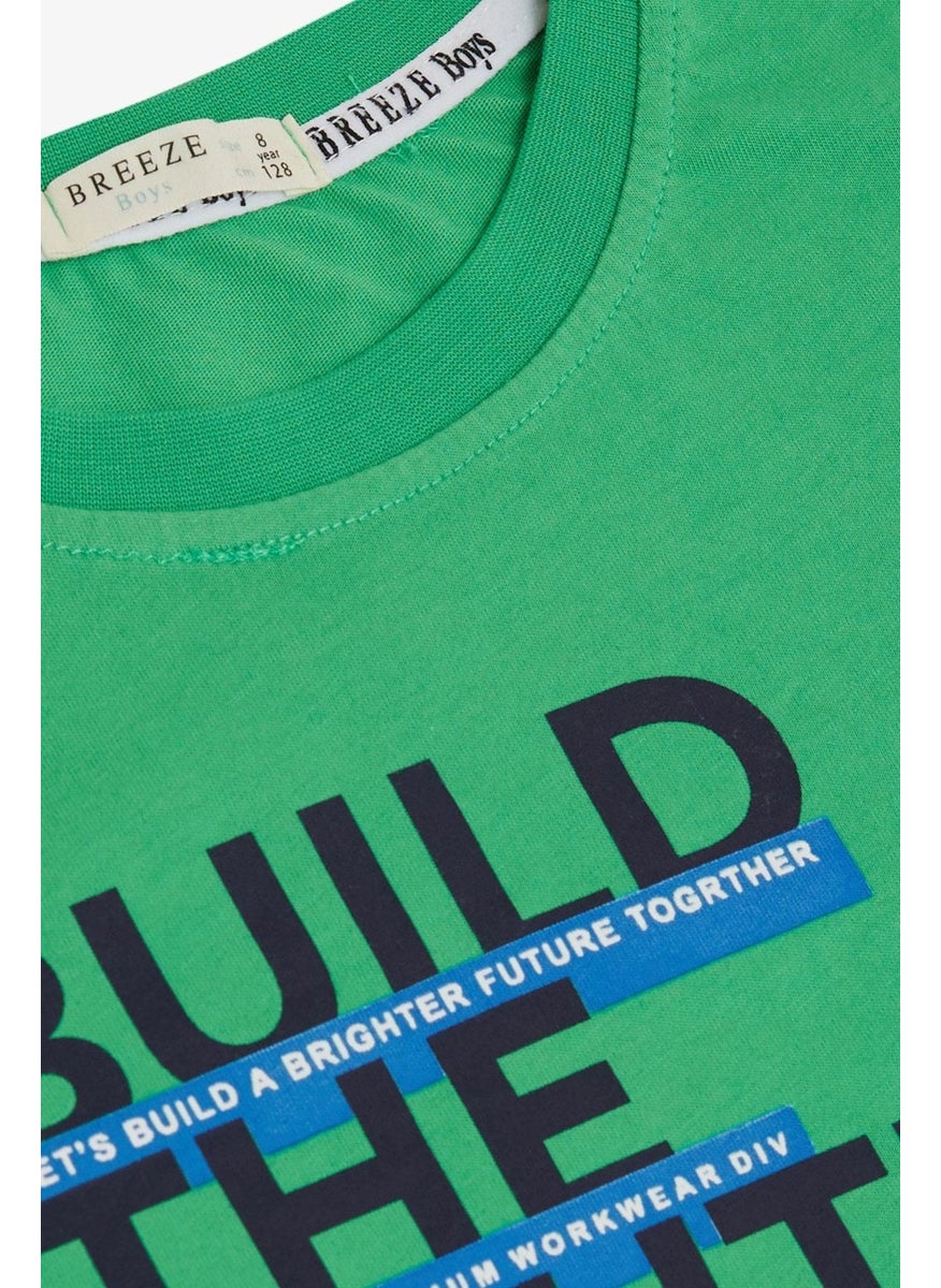 Boy Shorts Set with Text Printed Pockets, Age 8-14, Green