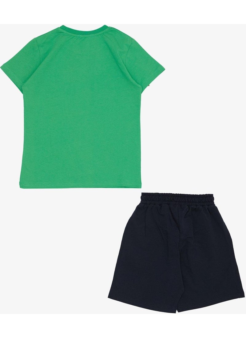 Boy Shorts Set with Text Printed Pockets, Age 8-14, Green