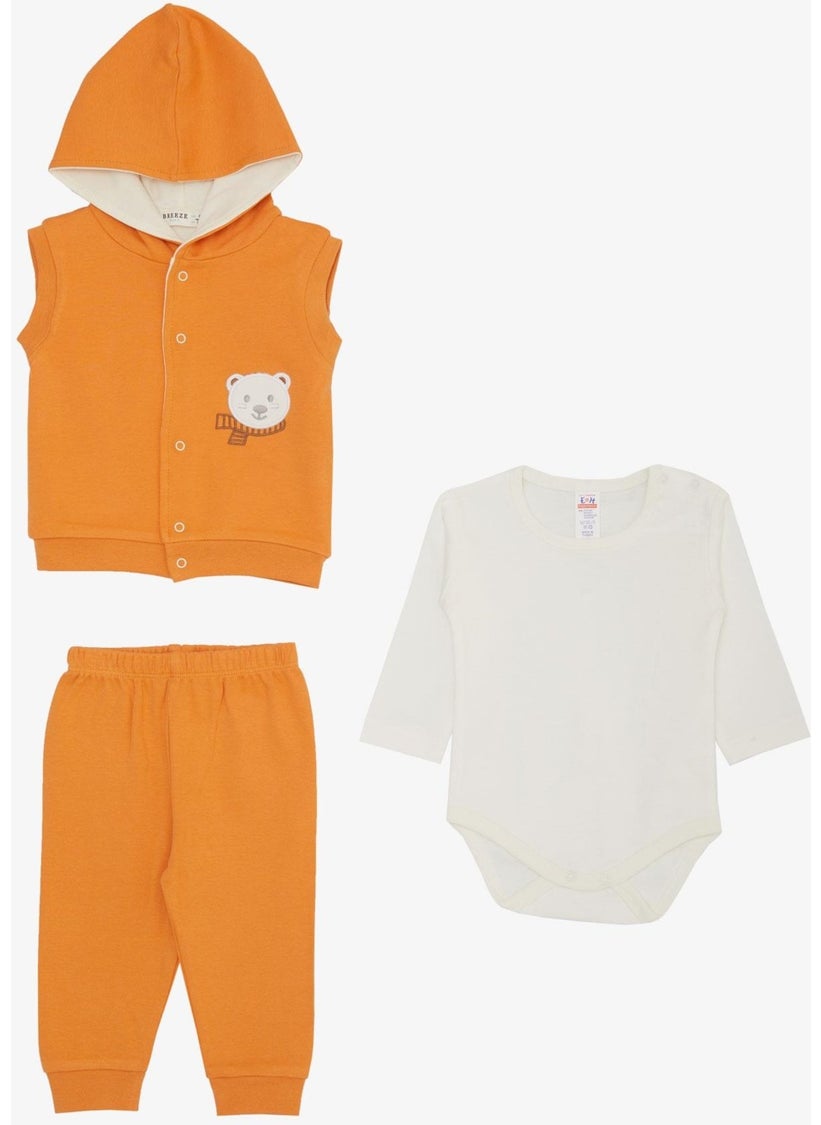 Baby Boy Bodysuit 3-Piece Set Cute Bear Embroidered Hooded 4 Months-1 Years, Orange