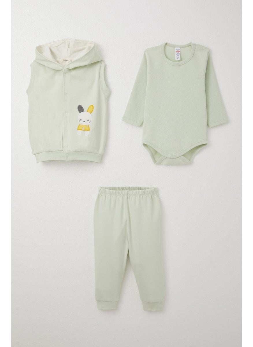 Baby Boy Bodysuit 3-Piece Set Cute Rabbit Embroidered Hooded 4 Months-1 Years, Aqua Green