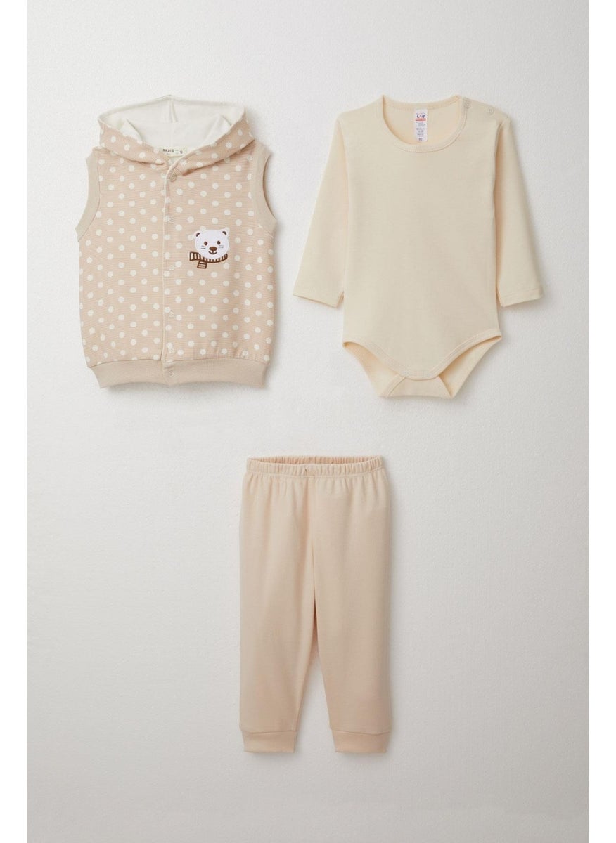 Baby Boy Bodysuit 3-Piece Set Cute Bear Embroidered Hooded 4 Months-1 Years, Beige
