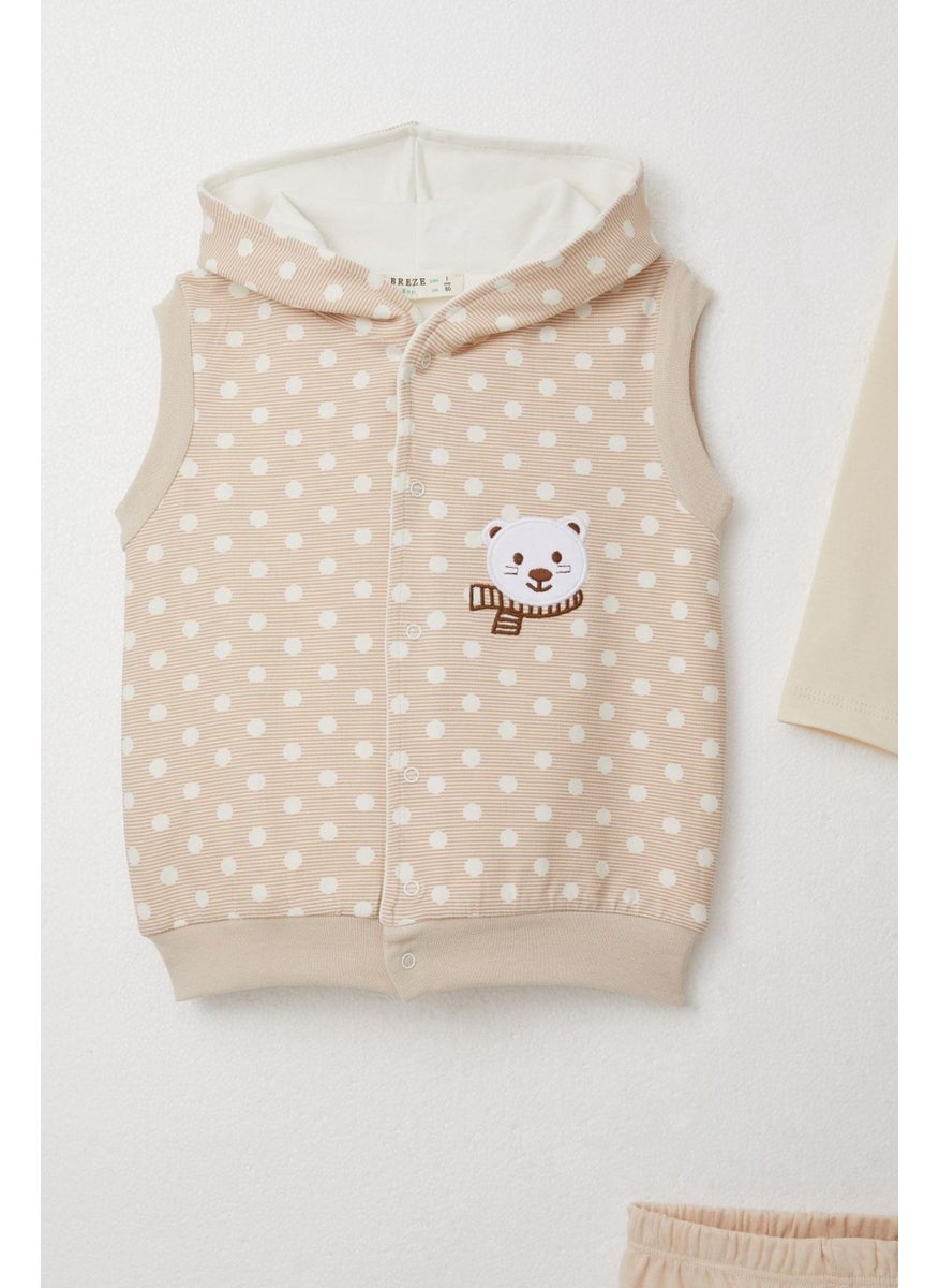 Baby Boy Bodysuit 3-Piece Set Cute Bear Embroidered Hooded 4 Months-1 Years, Beige