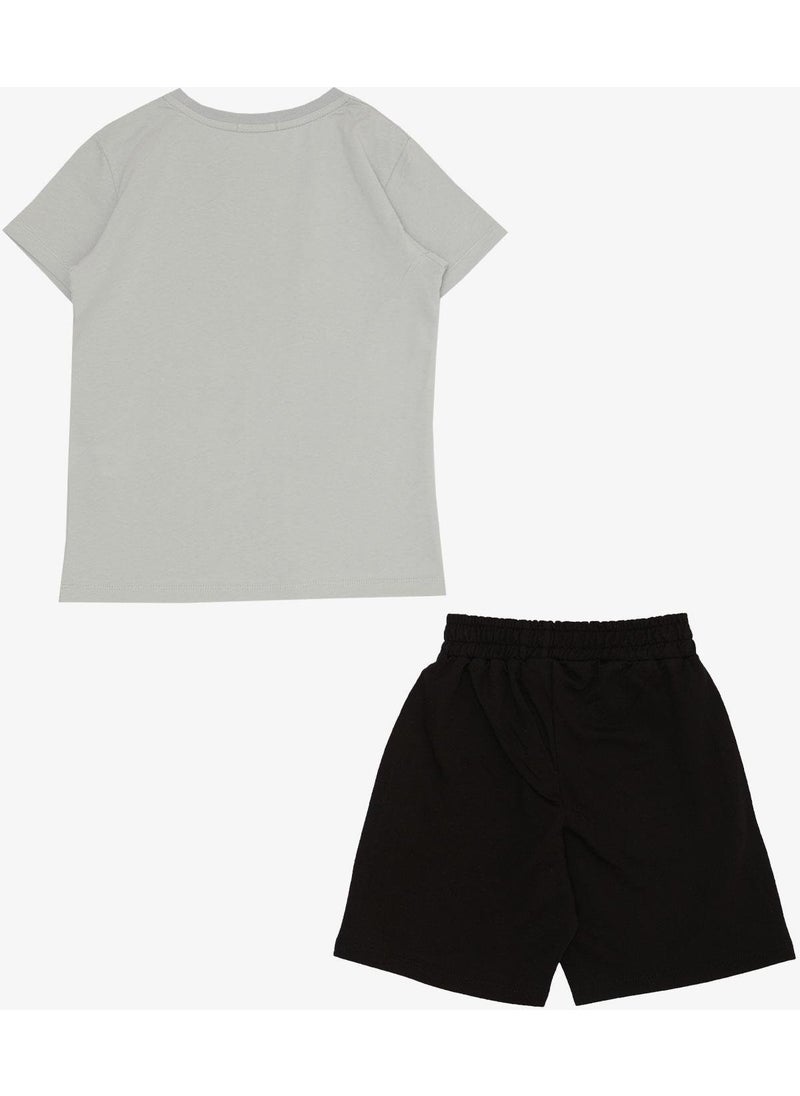 Boy Shorts Set with Text Printed Pockets, Age 8-14, Light Gray