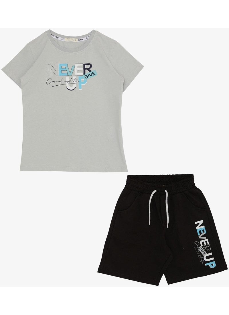 Boy Shorts Set with Text Printed Pockets, Age 8-14, Light Gray